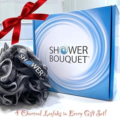 Loofah-Charcoal Bath-Sponge XL-75g-Set by Shower Bouquet: 4-Pack, Extra Large Mesh Pouf Soft Scrubber for Men and Women - Exfoliate with Big Black & White Gentle Cleanse in Beauty Bathing Accessories