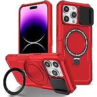 ONNAT- Military Protection Case for iPhone 15Pro Max/15 Pro/15 Plus/15 Non-Slip Cover with Camera Lens Cover and Ring Holder Stand Magnetic case (Red,15 Pro Max 6.7'')