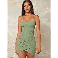 Summer Dresses for Women 2022 Seam Front Ruched Bustier Cami Dress Dresses for Women (Color : Mint Green, Size : Large)