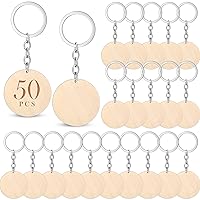 50 Pieces Wood Engraving Blanks Round Shaped Wooden Keychain Set Wood Blanks Unfinished Discs Wood Circles with Key Rings Key Tags Keychain Supplies for DIY Gift Crafts (Beige)