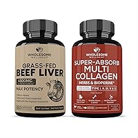 Grass Fed Desiccated Beef Liver Capsules (180 Pills, 750mg Each) - Natural Iron, Vitamin A, B12 for Energy + Super-Absorb Multi Collagen Pills (Type I II III V X) Organic Herbs and Bioperine Bundle