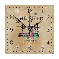 Welcome to My She Shed PVC Clock Sewing Machine Red Flower Frameless Clocks Sewing Studio 10in Battery Operated Vintage Numeral Clocks for Living Room Bathroom Kitchen Office Decor