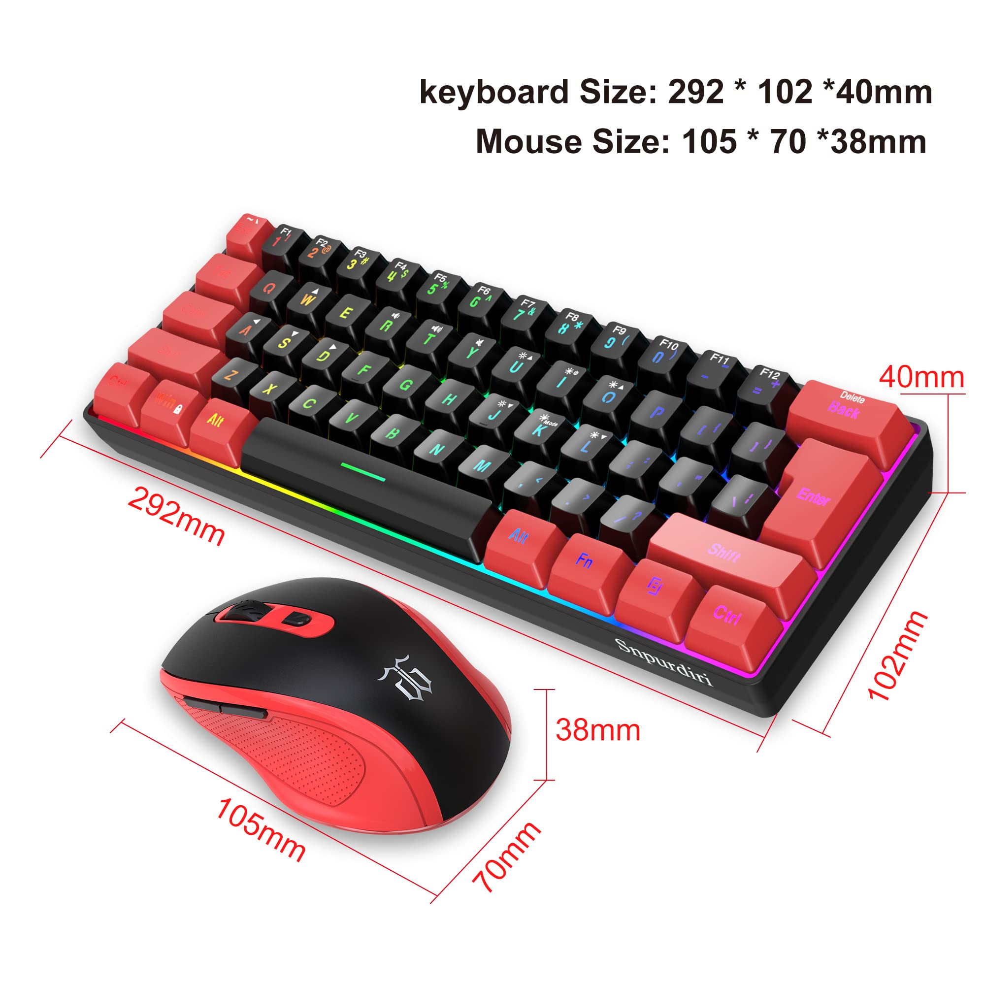 Snpurdiri 2.4G Wireless Gaming Keyboard and Mouse Combo, Include Mini 60% Merchanical Feel Keyboard, Ergonomic Vertical Feel Small Wireless Mouse(Red and Black)