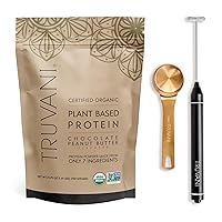 Truvani Vegan Chocolate Peanut Butter Protein Powder with Frother & Scoop Bundle - 20g of Organic Plant Based Protein Powder - Includes Portable Mini Electric Whisk & Durable Protein Powder Scoop