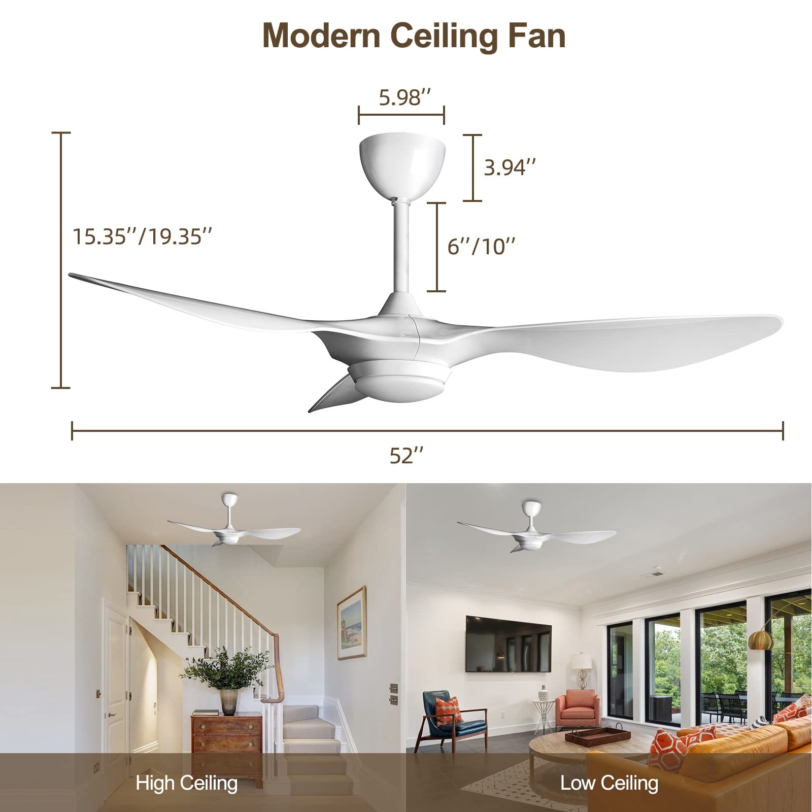 reiga 52-in Modern Bright White Ceiling Fan with Dimmable Light and Remote Control, 3 Blades Ceiling Fans Reversible Quiet DC ETL Motor, 6-Speed, Timer, for Bedroom Living Room and Patio