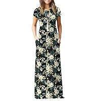 DEARCASE Maxi Dress for Women Short Sleeve Casual Summer Loose Plain Comfy Long Dresses with Pockets