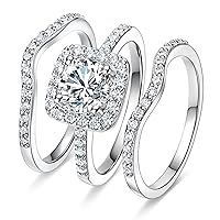 MDFUN 18K White Gold Plated Cubic Zirconia Three-in-One Halo Wedding Engagement Promise Eternity Ring for Women