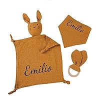 Personalized Blanket Embroidered Baby Cotton Muslin Bunny, Personalized Muslin Lovey Blanket Baby Comforter, Organic Cotton Muslin Soft Security Blankets for Baby Boys and Girls (Yellow,30X30CM)