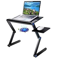 Upgraded Aluminum Laptop Stand Adjustable with Cooling Fan and Mouse Pad, Reinforced Ergonomic Lap Desk Foldable Portable Computer Table for Bed Sofa Couch Office (Extra Wide Tray: 19