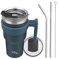 30oz Tumbler with Handle and 2 Straw 2 Lid, Insulated Water Bottle Stainless Steel Vacuum Cup Reusable Travel Mug, Navy Blue