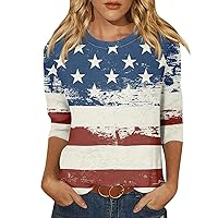 4th of July Shirts Summer Three Quarter Sleeve T Shirt for Womens Crewneck USA Printed Flag Day Tops