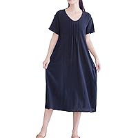 Women's Casual Loose V-Neck A-Line Long Soft Summer Cotton Linen Midi Dresses
