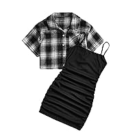 OYOANGLE Girl's 2 Pieces Outfits Plaid Print Short Sleeve Collared Neck Blouse Top and Ruched Cami Dress Set