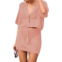 2 Piece Crochet Swimsuit Cover Ups for Women Hollow Out Knitted Bathing Suit Coverup Beach Crop Top and Skirt Sets