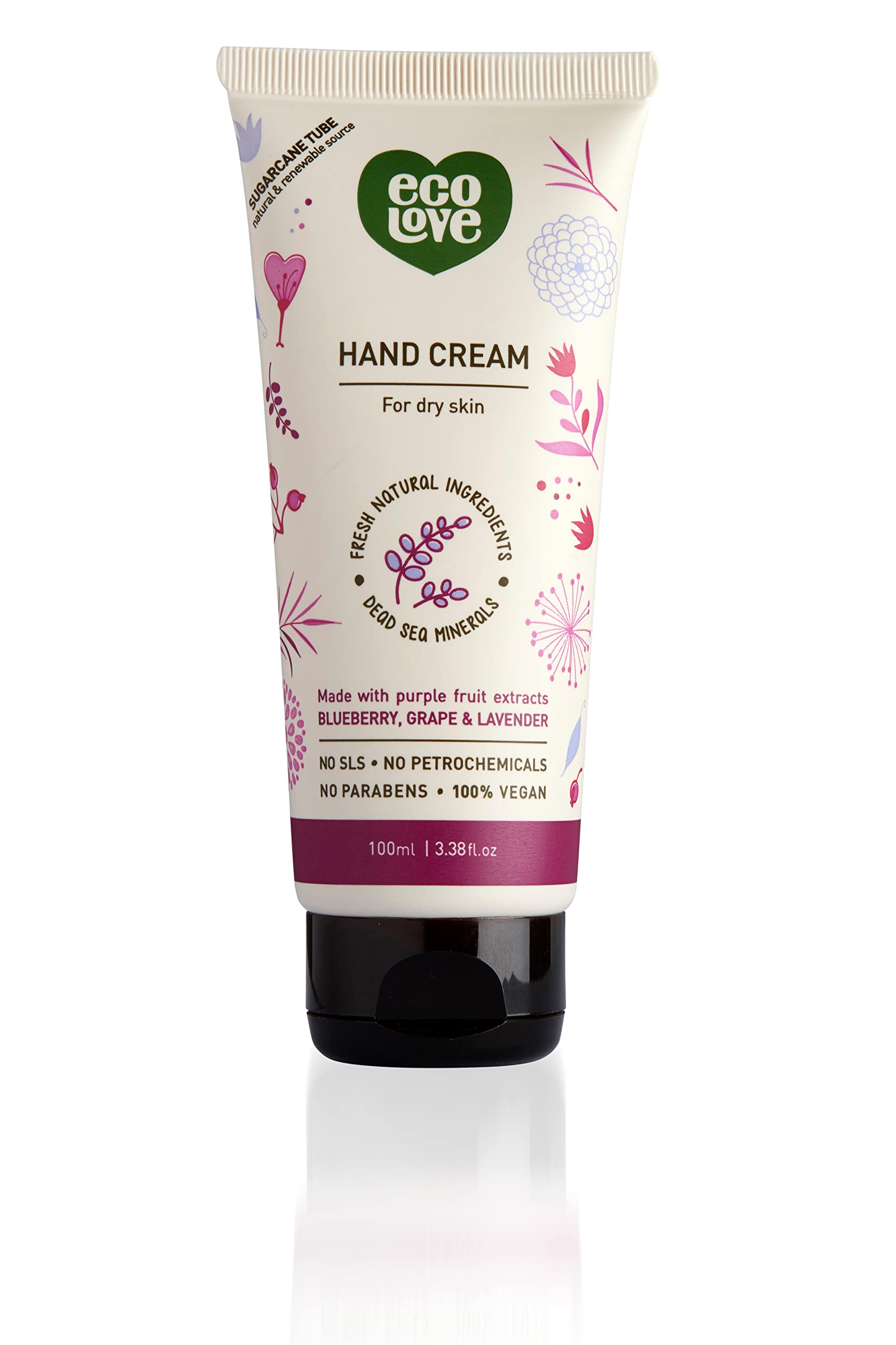 ecoLove - Natural and Organic Moisturizing Hand Cream- Organic Blueberry, Grape & Lavender - Non Greasy Fast Absorbing Vegan Hand Lotion for Dry Skin, 3.38 fl oz