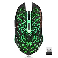 K6 Wireless Gaming Mouse, Rechargeable Silent LED Optical Computer Mice with USB Receiver, 3 Adjustable DPI Level and 6 Buttons, Auto Sleeping Compatible Laptop/PC/Notebook (Green Light)