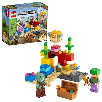 LEGO Minecraft The Coral Reef Building Toy 21164 with Alex, 2 Brick-Build Puffer Fish and Drowned Zombie Figures, Gifts for Kids, Boys & Girls