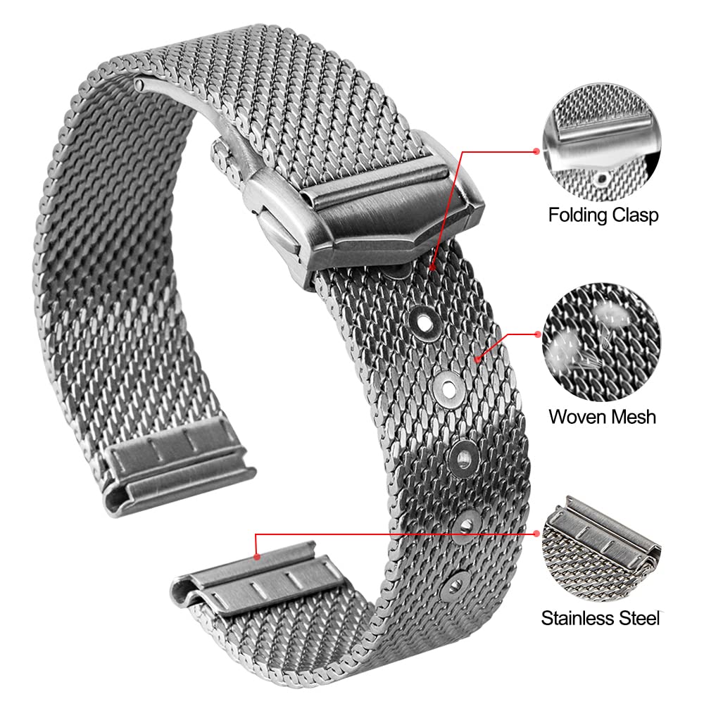 watchdives Watch Band Stainless Steel Mesh Straps for Men, 20mm Mesh Bracelet Adjustable Woven Metal Straps