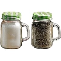Moondance Mason Jar Salt and Pepper Shakers with Green and White Gingham Lids, Set of 2, 5oz, Clear