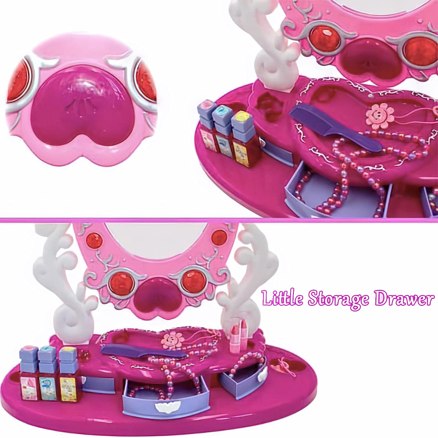 Dresser Vanity Beauty Set - Pink Princess Pretend Play Dressing Table Top Set with Makeup Mirror, Jewelry and Accessories - Music and Lights for Little Girls