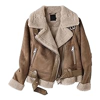 Women’s Brown Genuine Suede Lambskin Biker Leather Jacket, Sherpa Shearling, Faux Fur Lining, Asymmetric