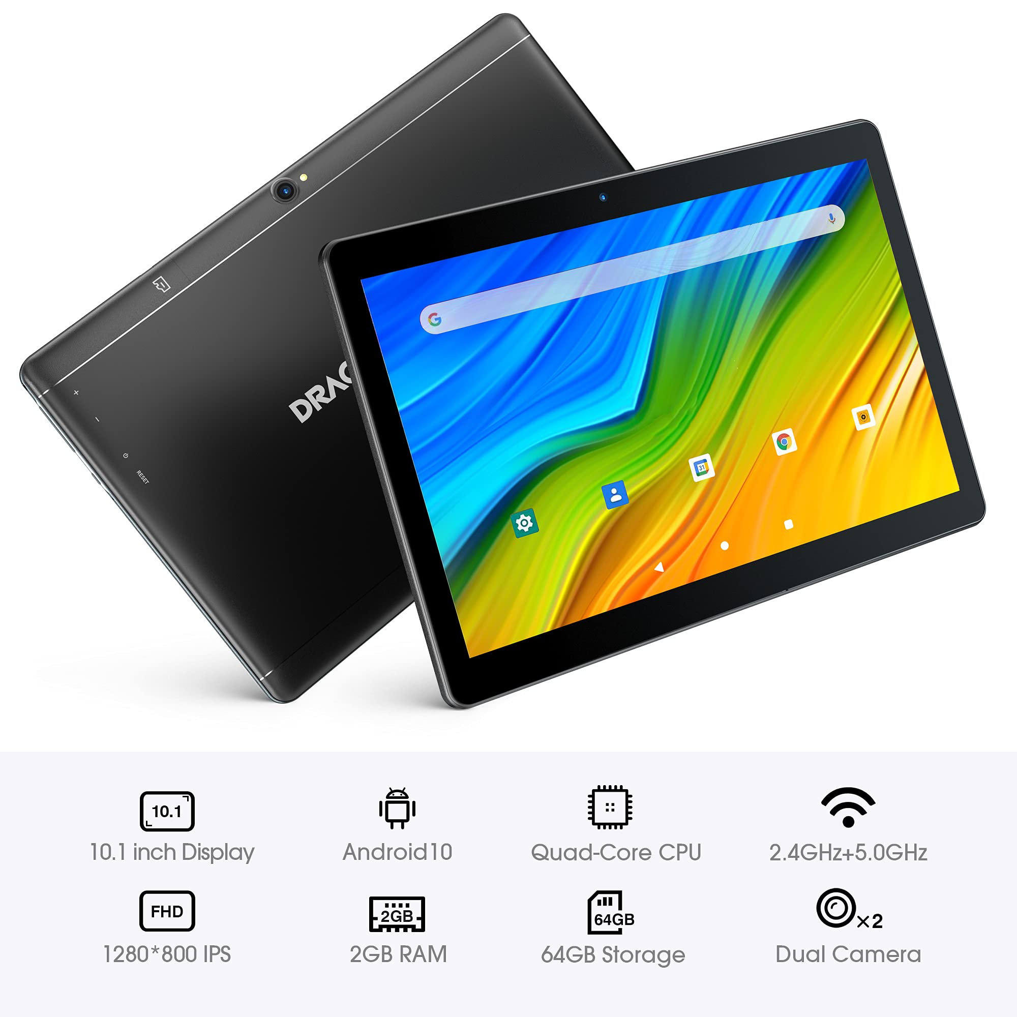Dragon Touch Notepad K10 Tablet with 64 GB Storage, 256GB Expandable Storage, 10 inch Android Tablet, Quad Core Processor, 1280 x 800 IPS HD Display, Micro HDMI, GPS, FM, 5G WiFi