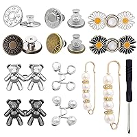 12 Sets Jeans Button Pins, Adjustable No Sew Detachable Metal Replacement Snap Pants Waist Tightener Buckle Pearl Brooch, Sweater Shawl Clip Faux Brooches Extender Safety Pins for Pants Loose Jeans