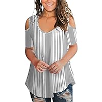Womens Short Sleeve T Shirts for Summer Cold Shoulder Tops V Neck White Stripe Size S
