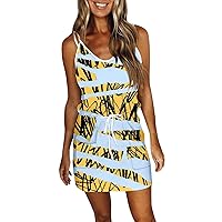 Beach Dresses for Women, Summer Holiday Sexy Graphic Printed Strap Dress V-Neck Pockets Sleeveless Boho Party Dresses