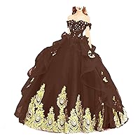 Luxury Tulle Quinceanera Dresses Ball Gowns with Petticoat Train &Gold Lace Applique Off Shoulder Dress for Sweet 15 16