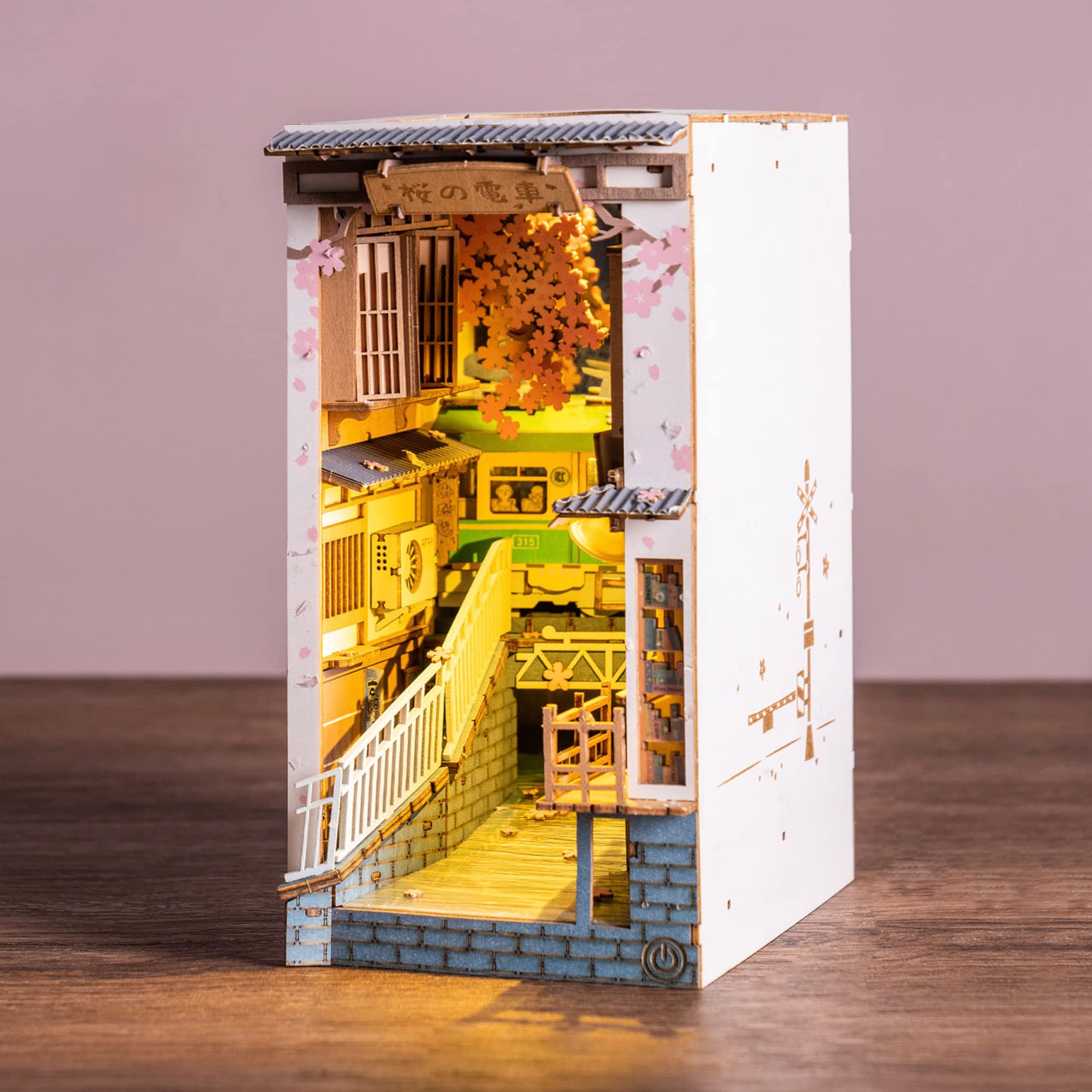 Rolife DIY Book Nook Kits Sakura Densya, 3D Wooden Puzzles Bookshelf Insert Decorative Bookend Model Kits with LED, DIY Crafts/Birthday Gifts/Home Decor for Girls&Boys Teens&Adults (Sakura Densya)