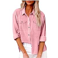 Women Linen Button Down Shirt Rolled Long Sleeve Blouse Ladies Summer Casual V Neck Beach Cotton Tops with Pocket