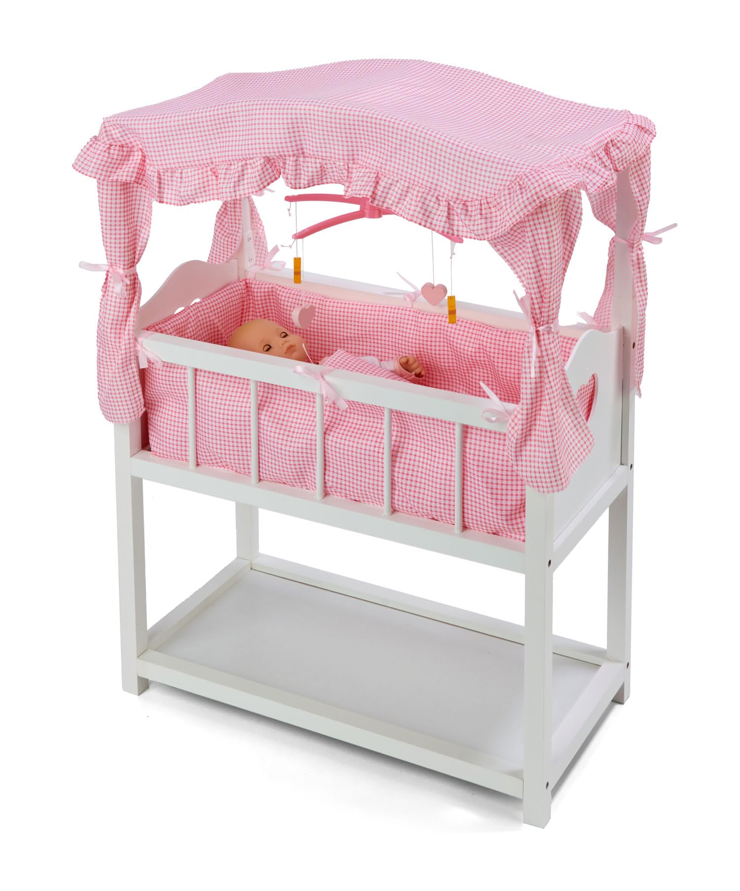 Badger Basket Toy Doll Bed with Storage Baskets, Gingham Bedding, and Musical Mobile for 22 inch Dolls - White/Pink