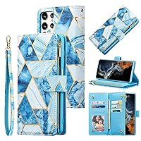 UEEBAI Wallet Case for Samsung Galaxy S22 Ultra 5G, Premium PU Leather Magnetic Closure Handbag Zipper Pocket Case Kickstand Card Slots with Hand Strap Shockproof Flip Case - Marble Blue