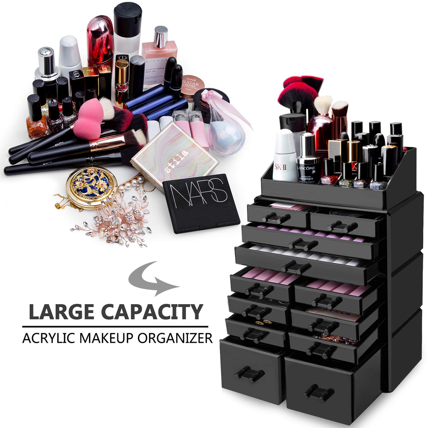 HBlife Makeup Organizer Acrylic Cosmetic Storage Drawers and Jewelry Display Box with 12 Drawers, 9.5 x 5.4 x15.8 Inches, Black