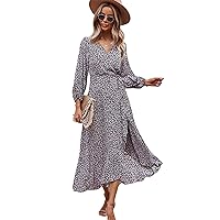 Womens Dress Boho V Neck Short Sleeve Floral Spring and Autumn Casual Dress with Belt