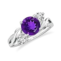 Natural Amethyst Twisted Shank 3 Stone Ring for Women Girls in Sterling Silver / 14K Solid Gold/Platinum