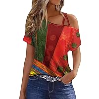 Off The Shoulder Tops for Women,Sexy Tops for Women Off The Shoulder Criss Cross Geometry Print Blouse Summer Sexy Holiday Tops Cute Tops for Women Short Sleeve