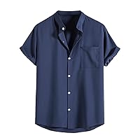 Shirts for Men 2023 Fashion Solid Color Casual Summer Short Sleeve Stand Collar Button Down Shirt with Pocket