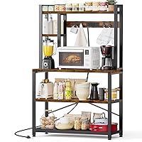 EasyCom 31.5 Inch Bakers Rack with 3 AC Power Outlets, Microwave Stand with Breathable Mesh for Vegetables, Coffee cart with 4 Z-Shaped Hooks, Kitchen Stand, Coffee Bar, Rustic Brown
