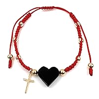 LESLIE BOULES Red Thread Genuine Heart Azabache Bracelet with Tiny Gold Plated Catholic Cross Handmade Jewelry