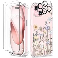 GVIEWIN for iPhone 15 Case, [5 in 1] with 2X Screen Protector & 2X Camera Lens Protector, Clear Soft Shockproof Slim Fit Floral Phone Cover for Women Girls 2023 6.1