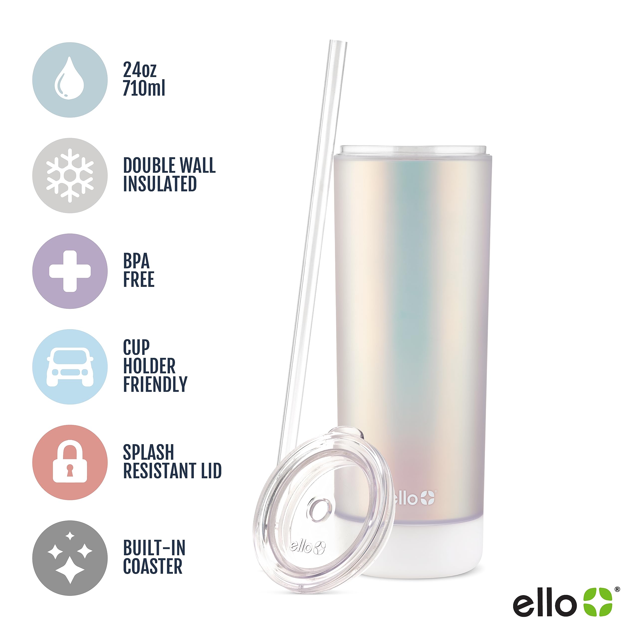 Ello Monterey Double Walled Insulated Plastic Tumbler with Straw and Built-in Coaster, BPA Free, 24oz