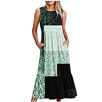 Daily Deals Todays Deals Women Loose Long Tank Dress Summer Sleeveless Sundress Geometry Print Crewneck Maxi Dresses Flowy Midi Dress Semi Formal Dress for Teens Green