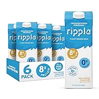 Ripple Unsweetened Original Non-Dairy Milk | Vegan Milk With 8g Pea Protein| Shelf Stable Single Serve Cartons | Non-GMO, Plant Based, Gluten Free | 32 oz, Pack of 6