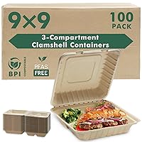 [9x9-100Pack] 100% Compostable To Go Food Containers with Lids, 3-Compartment Take Out Clamshell Container, Bio Disposable | Eco Friendly | Heavy-Duty Boxes, Made of Sugarcane Fibers