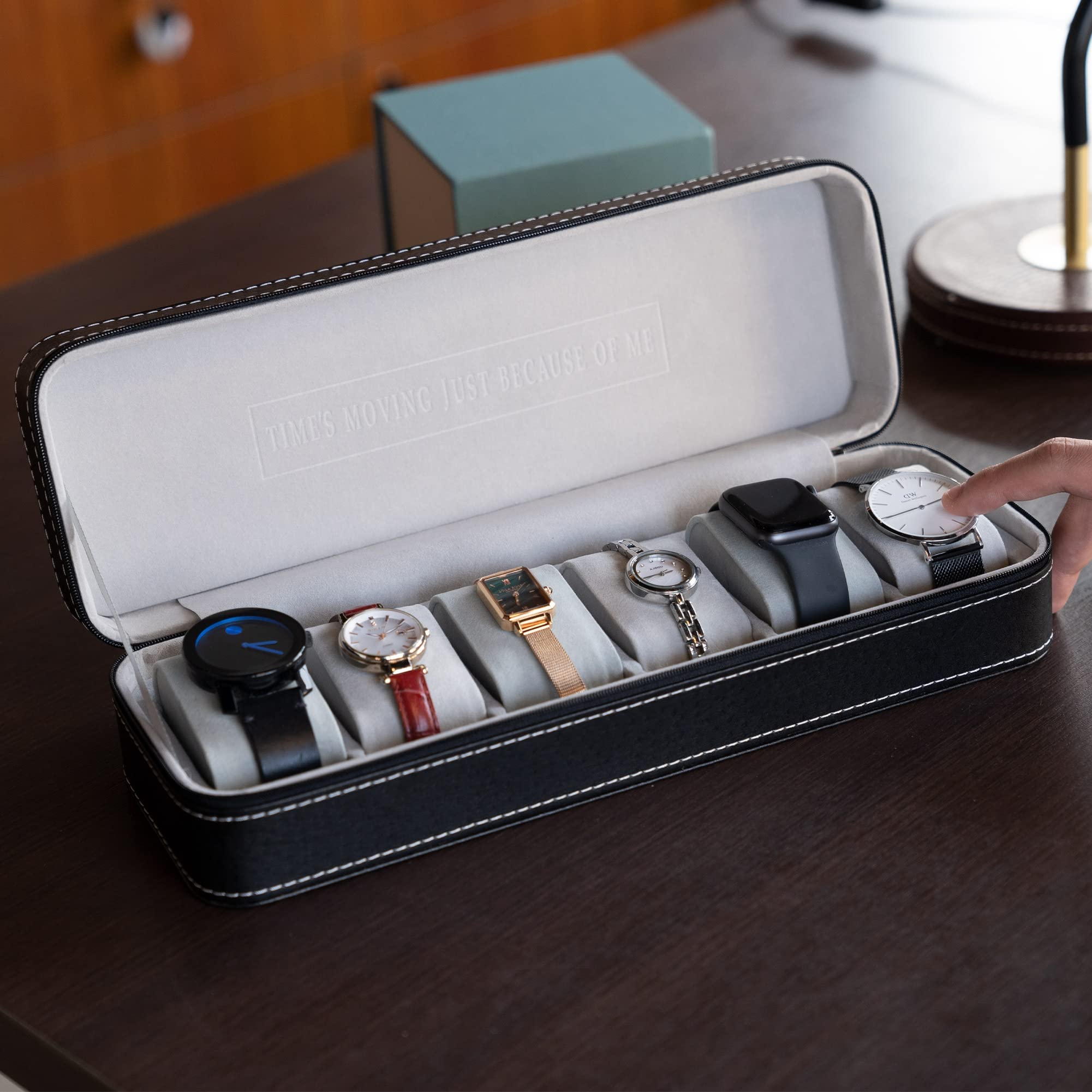 OSVINO 6 Slots Watch Box Zippered Travel Case Luxury PU Leather Watch Storage Box Jewelry Collection Display Holder Organizer for Men Women