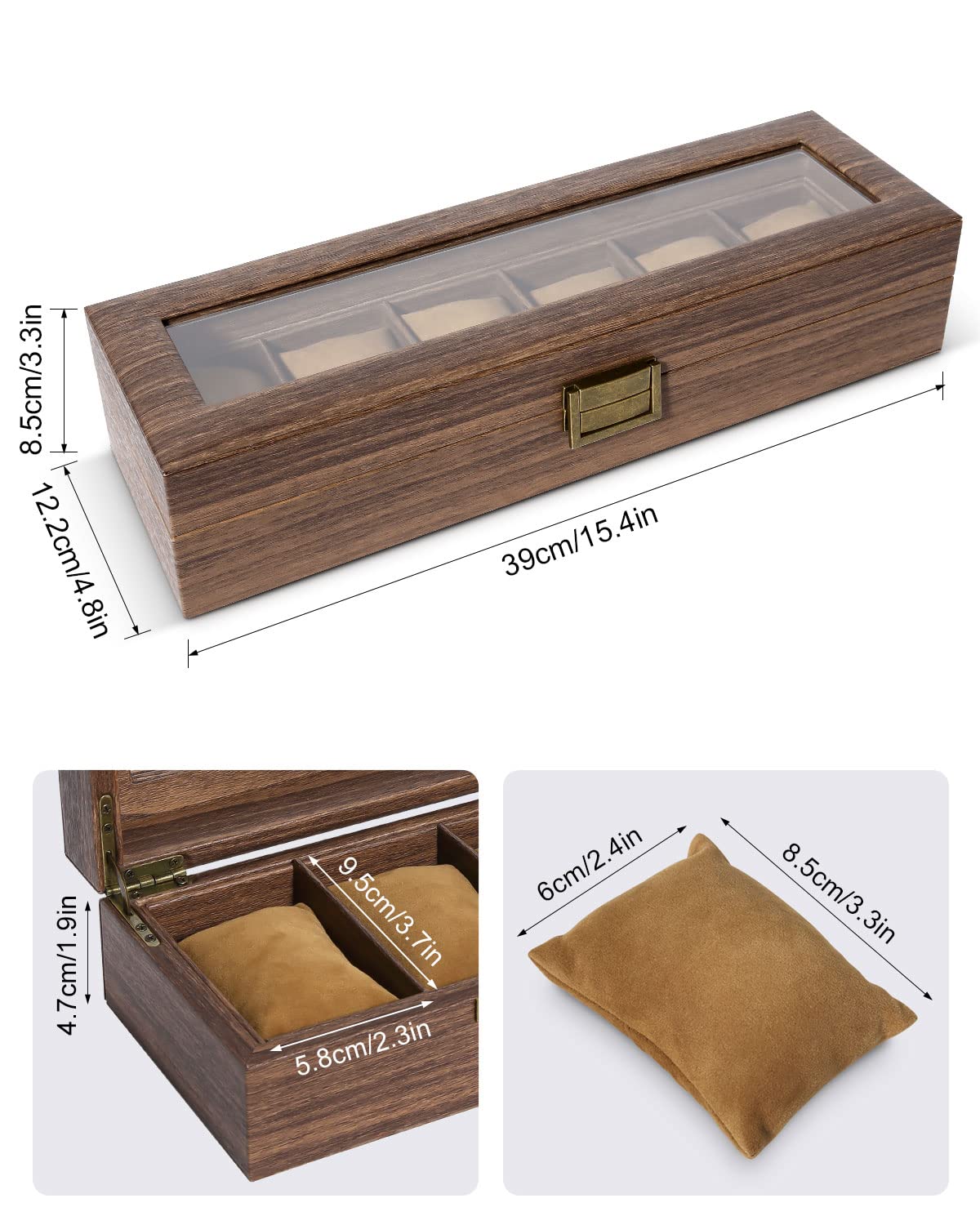 Uten Watch Box with 6 Slots, Watch Case Organizer with Real Glass Lid, Wood Grain PU Leather Watch Display Storage Box with Removable Imitation Suede Watch Pillows, Metal Clasp, Gift for Men and Women