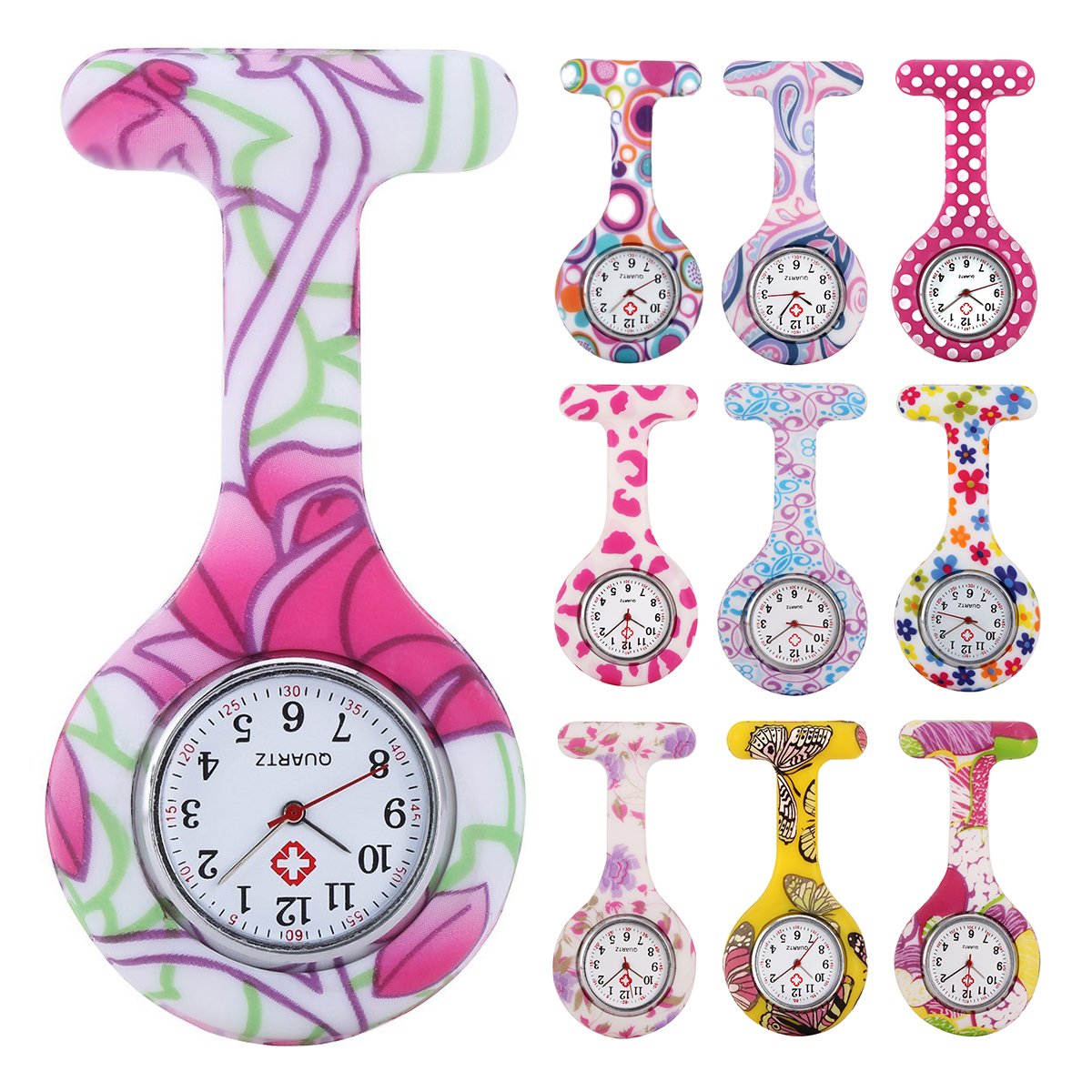 ALIENWOLF 10pcs Floral Nurse Clip-on Fob Brooch Pocket Watch Lapel Watch for Women Girl