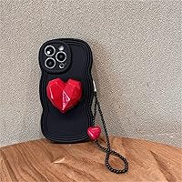 3D Love Heart Bracket Bracelet Chain Black Wave Phone Case for iPhone 13 12 11 Pro XS Max X XR Kawaii Cover with Strap,A,for iPhone 12